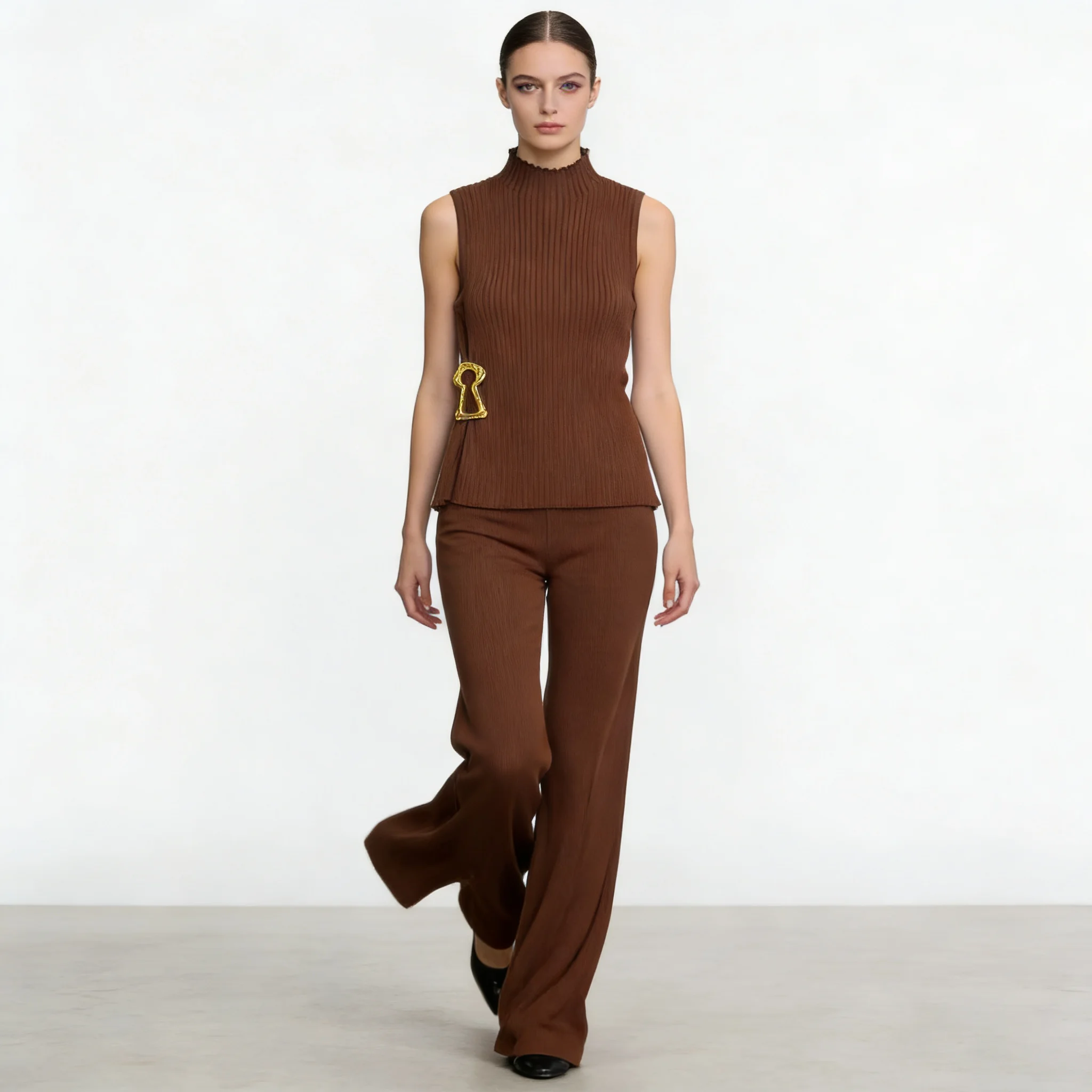 NOVA Stylish Ribbed Knit Sleeveless Turtleneck Women Tank Top Key Buckle Detail Black White Brown Daily Chic Fashion Top