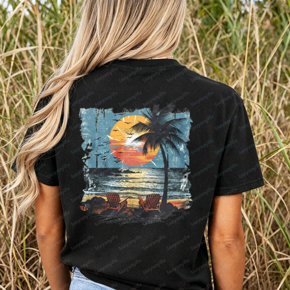 Retro Sunset Beach T-Shirt Women Distressed Palm Tree Chair Graphic Tees Casual Short Sleeve Cotton Tops Summer Vacation Shirts