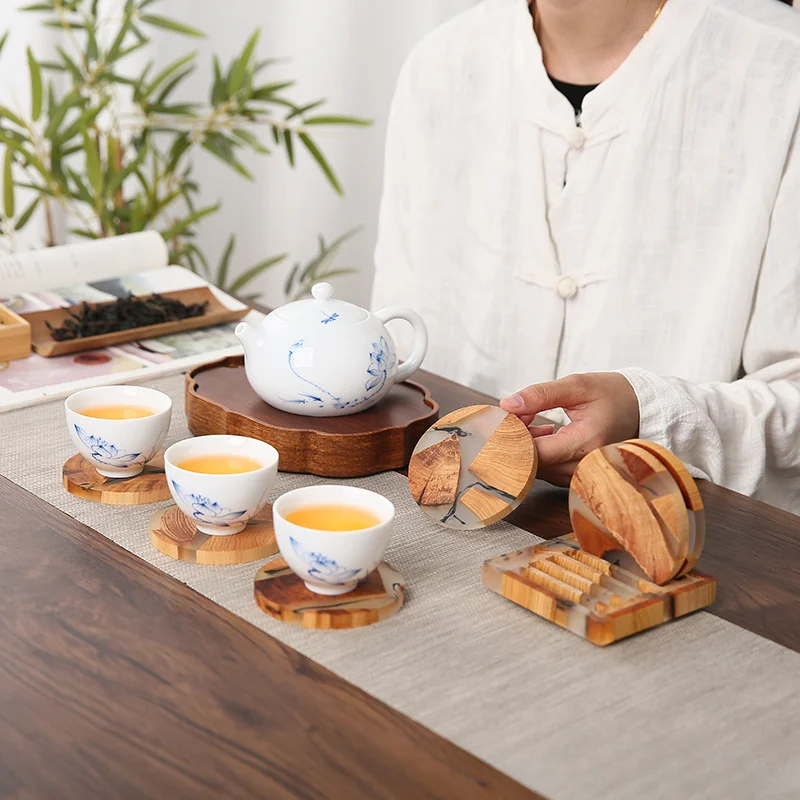 6pcs Resin Coaster Insulation Pad Japanese Coaster Household Simple Coaster Set Insulation Pad Solid Wood