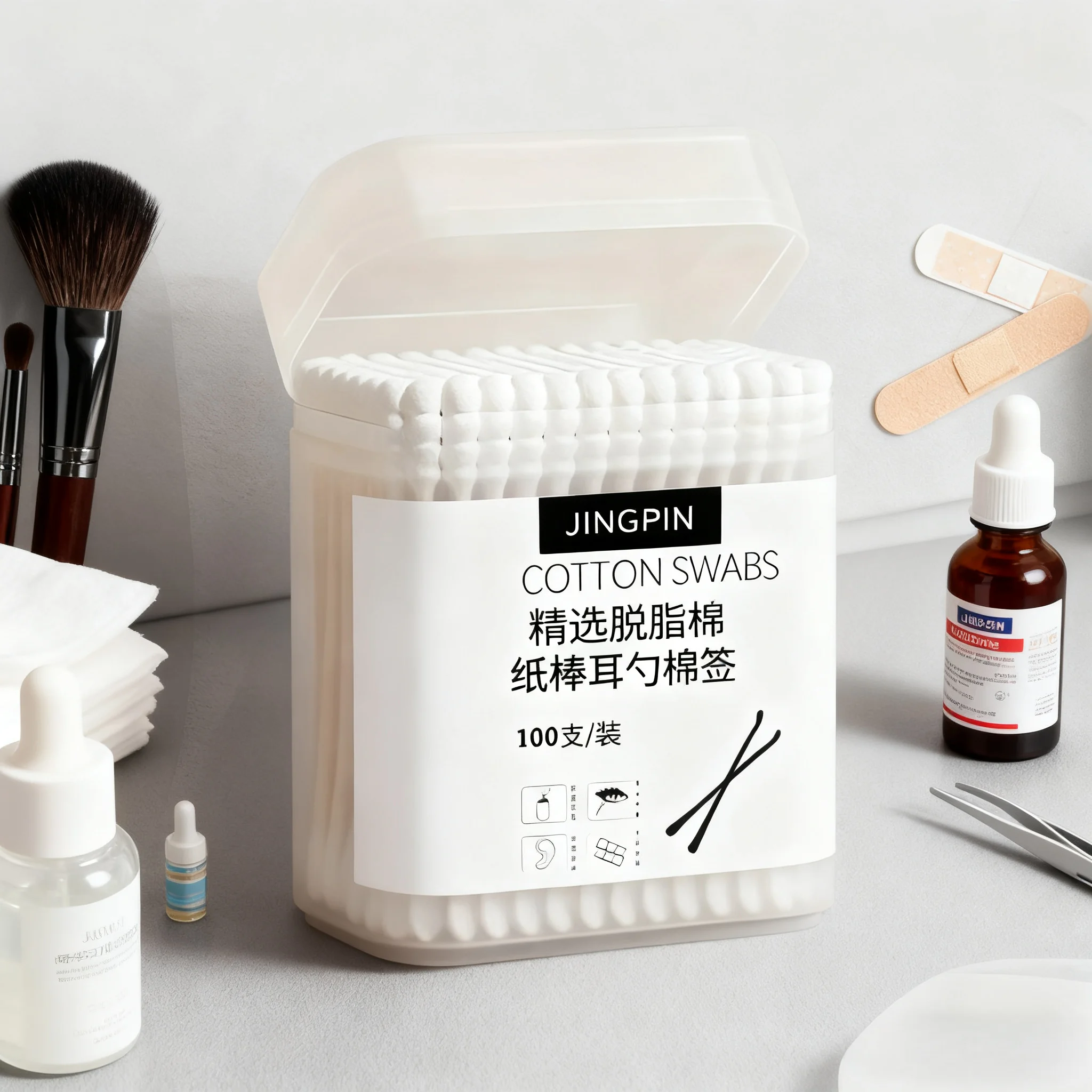 A box of 100pcs Double-Headed Flexible Cotton Swabs - Non-Shedding Tips for Safe Ear Cleaning & Multi-Purpose Home Use