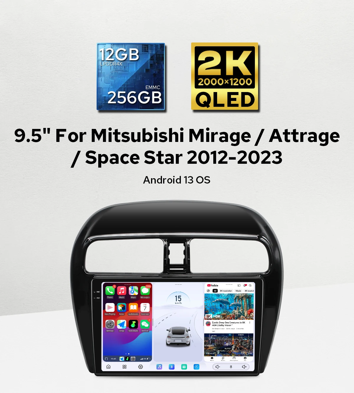 Radio Estéreo para Auto con CarPlay Plug&Play de 9.5 Pulgadas y 12+256 GB para Mitsubishi Mirage/Attrage/Space Star 2012-2023 Compatible con Cámara de Reversa OEM
