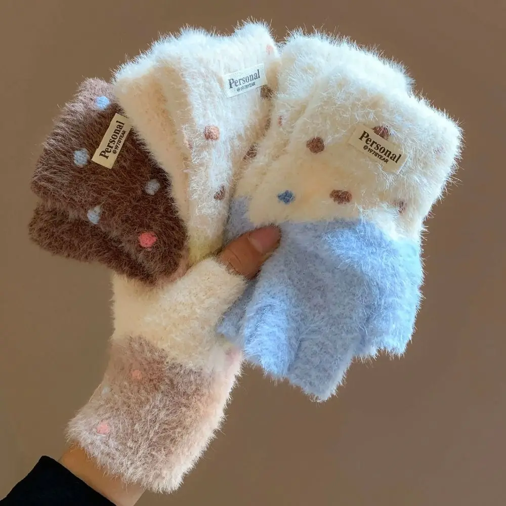 Comfortable Polyester Half Finger Gloves Thick Polka Dot Knitted Gloves Warm Winter Gloves Writing Use