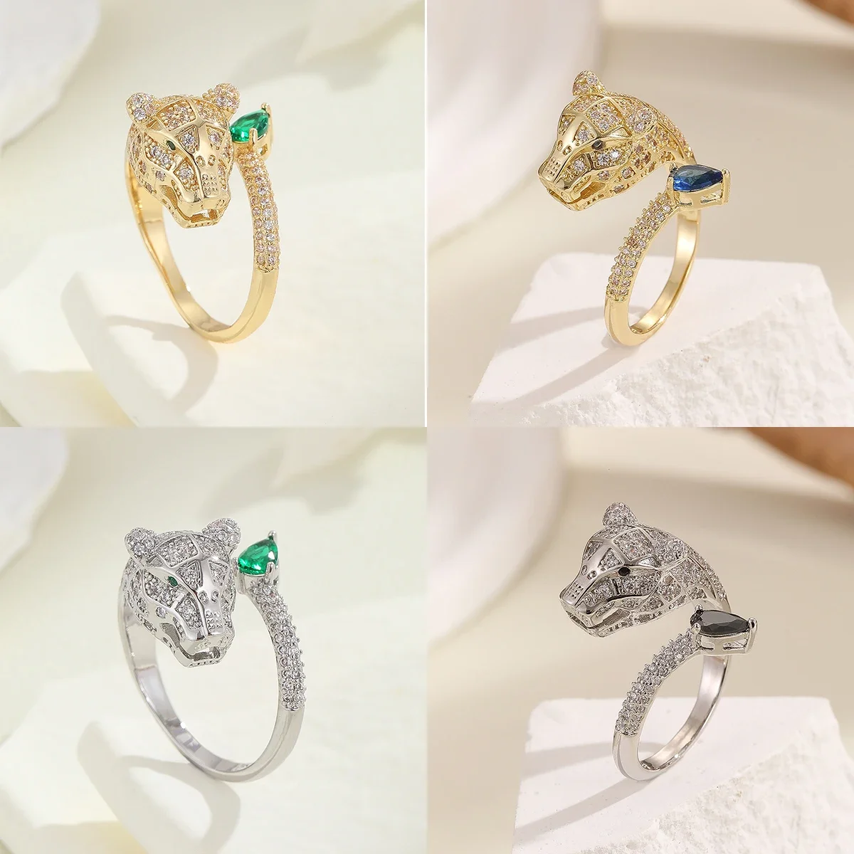 Domineering Personality Full Diamond Zircon Leopard Head Ring Women's Fashionable Opening Adjustable Fashion Hip-Hop Ring