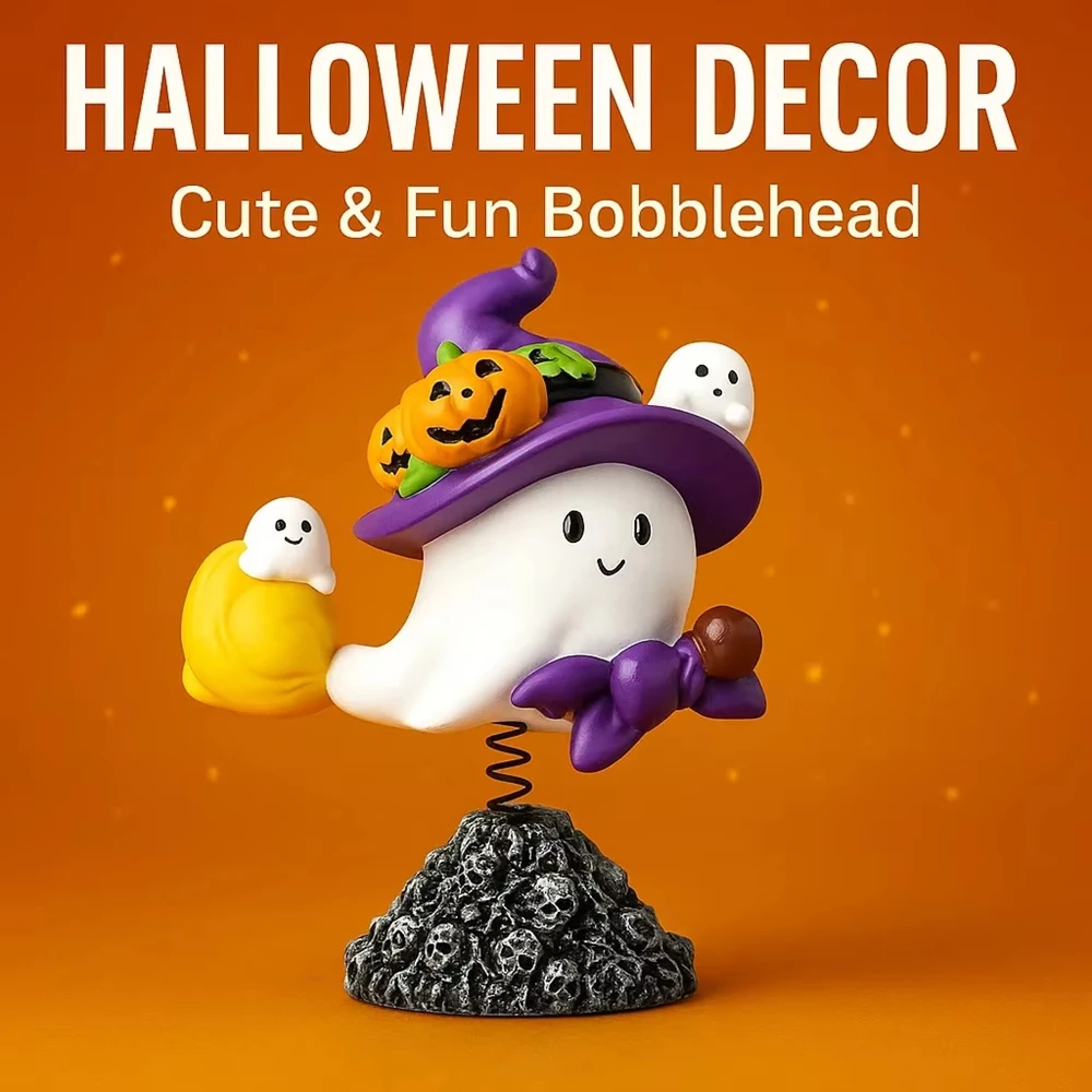 

Cute Halloween Ghost Resin Decoration with Witch Hat Pumpkins and Shaking Head Spring Design for Desktop or Party Display