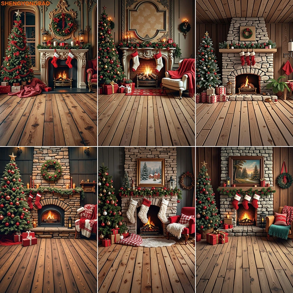 

Christmas Backdrop for Photography Brick Fireplace Gifts Large Xmas Tree Wreath Background Children Studio Photocall Accessories