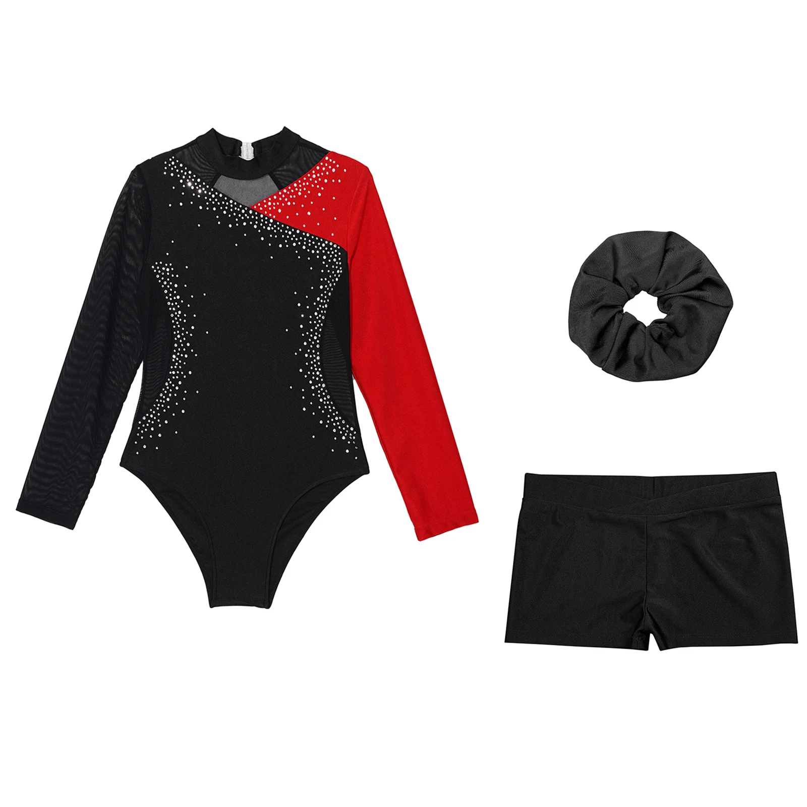 

Kids Girls Sportswear Set Long Sleeve Rhinestone Ballet Jersey Leotard+Shorts+Hairband For Yoga Workout Gymnastics 3Pcs/Set