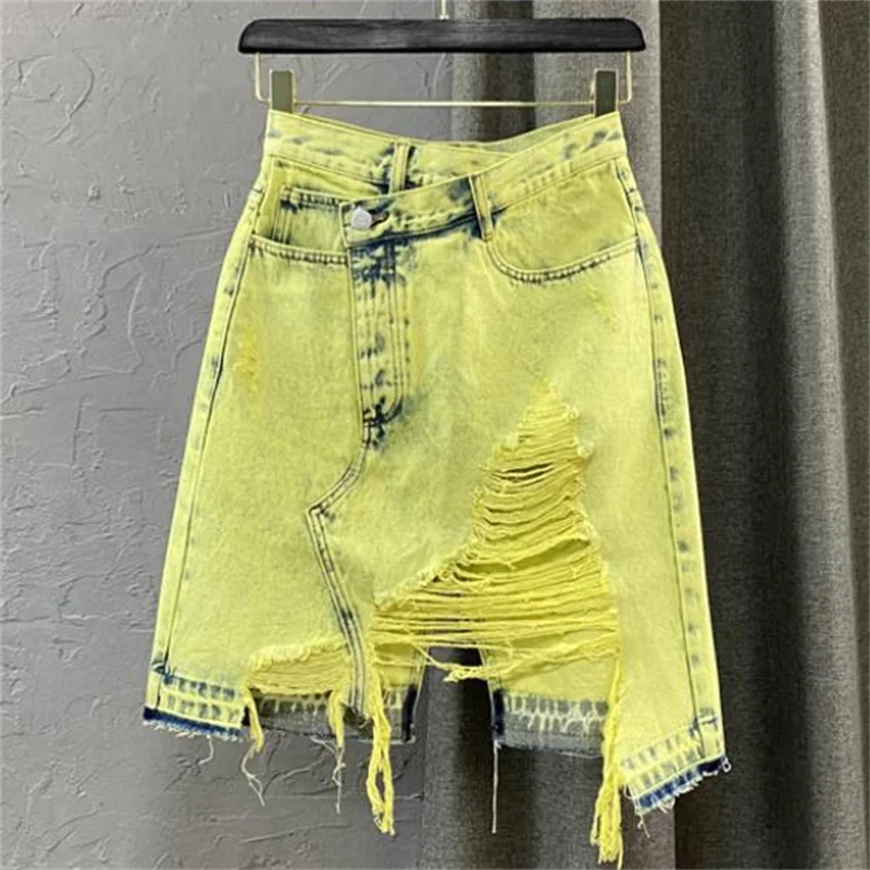 

Yellow hole fringed denim skirt ins asymmetrical high waist mid-length A-line skirt women