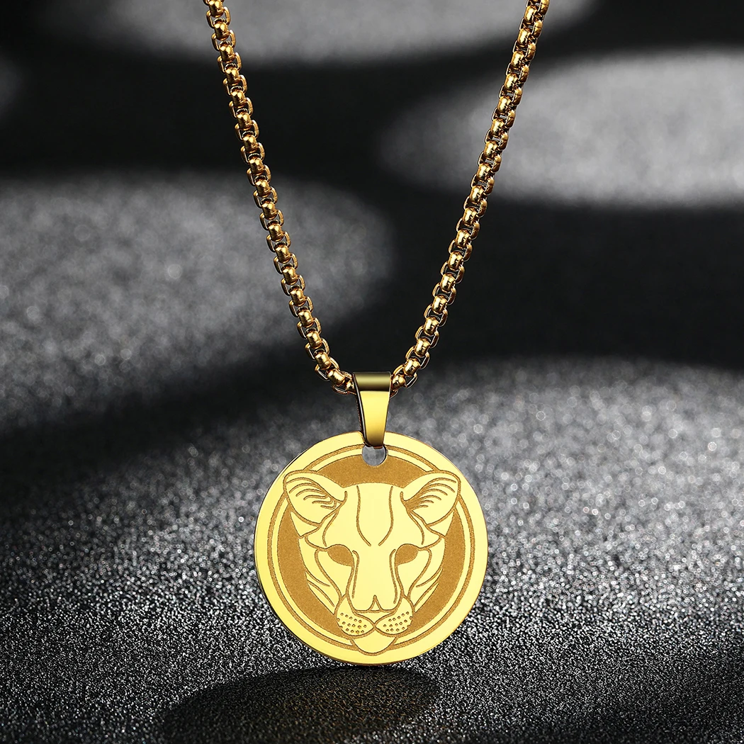 Kinitial Personalized Lioness Head Stainless Steel Pendant Necklace For Men Women Charm African Lion Animal Jewelry Party Gift