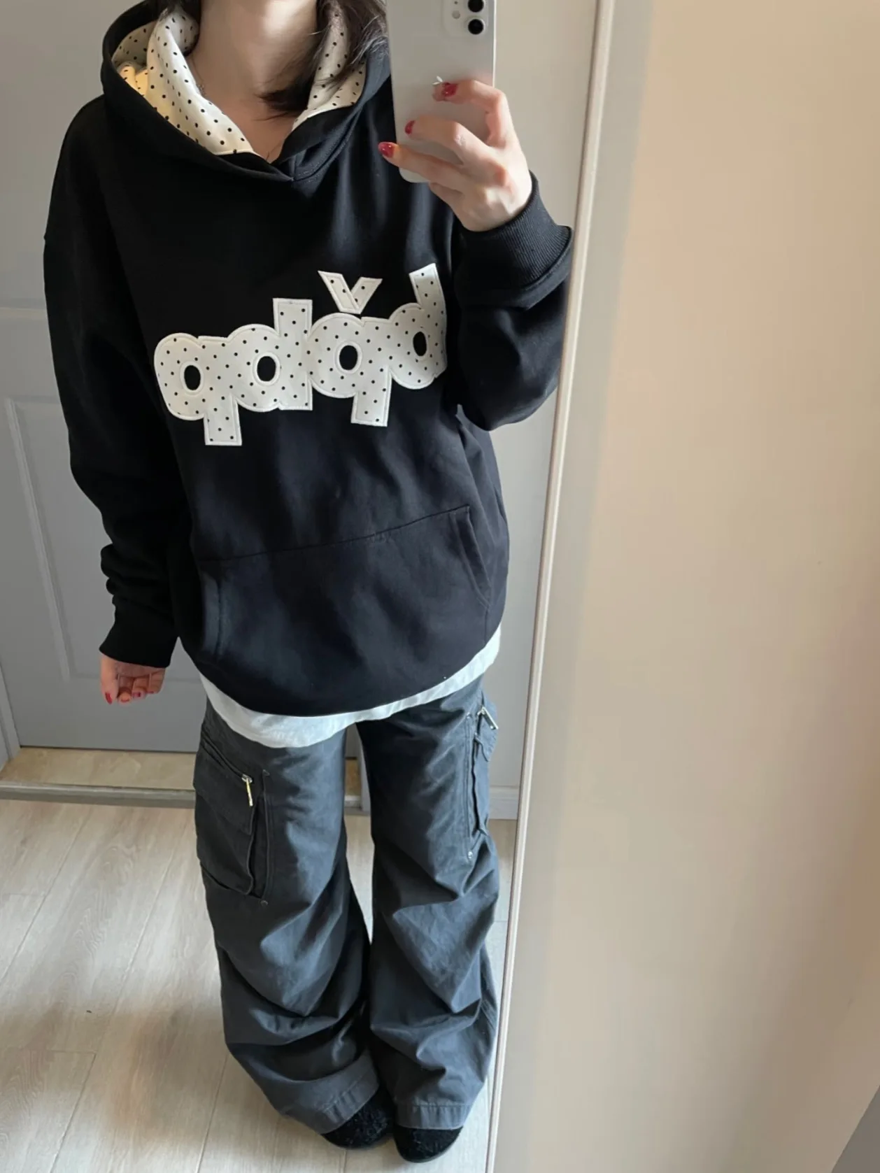 Polka Dot Embroidered Hoodie Women's Autumn Winter Fleece Loose Lazy Style Top Couple Jacket Korean Retro Loose Fit Sweatshirt