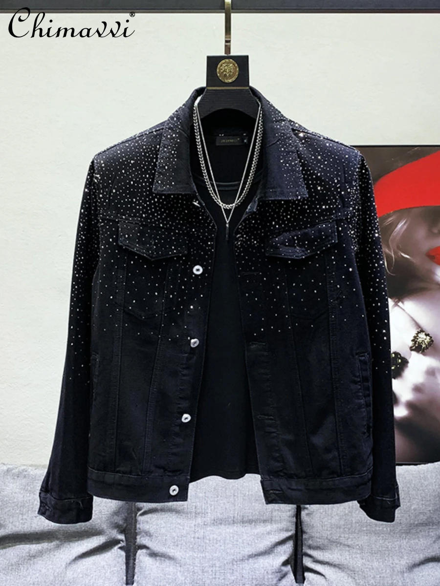 

Heavy Embroidery Hot Drilling Denim Jacket Men's 2024 Spring New Fashion High-End Loose Long Sleeve Handsome Black Coat Tops