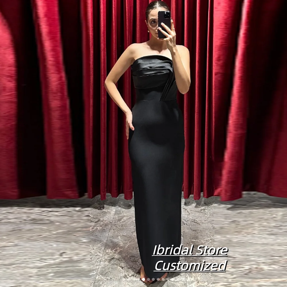 

Customized Strapless Evening Dress Backless Pleat Sleeveless Back Slit Straight Prom Gown Simple Floor-Length Party Dress