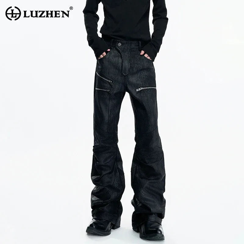 

LUZHEN 2026 Vintage Style Wornout Design Zipper Decorate Straight Casual Pants Men Fashion Handsome Solid Color Trousers JY6332