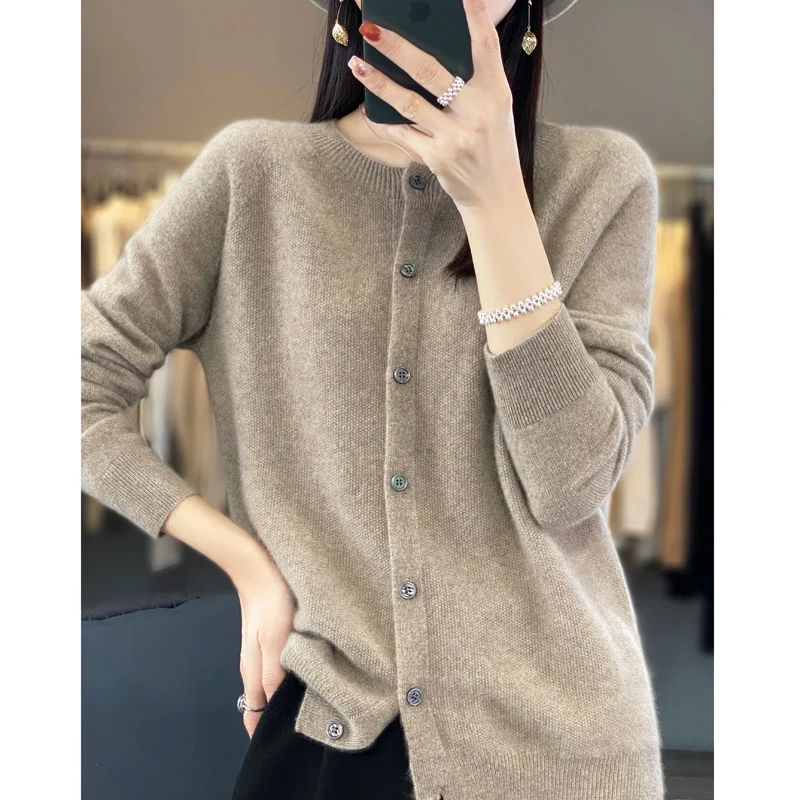 Women 100% Merino Wool Sweater Autumn Winter O-Neck First Line Seamless Cardigan Long Sleeve Clothing Cashmere Knitwear Tops