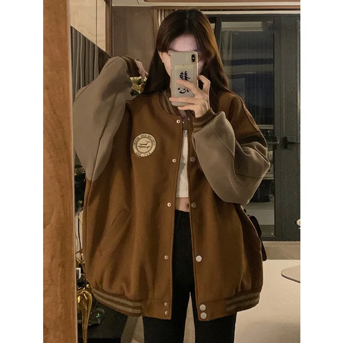 Lazy style embroidered American retro baseball jacket for women\'s spring and autumn loose couple baseball jacket