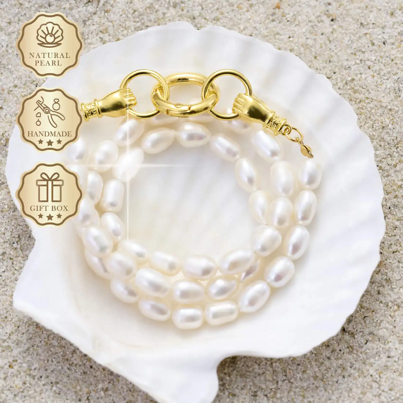 

MYSOYA White Rice Freshwater Pearl Necklace 7–8mm with Gold Double Hand Clasp, Gift Box, Birthday & Anniversary Gift