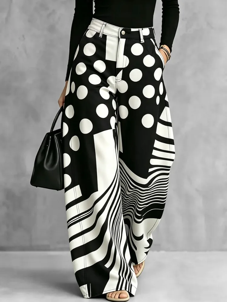 Yeezzi Women High Waist Wide Leg Pants Black White Polka‑Dot Stripe Patchwork Printed Loose Full‑Length Casual Fashion Trousers