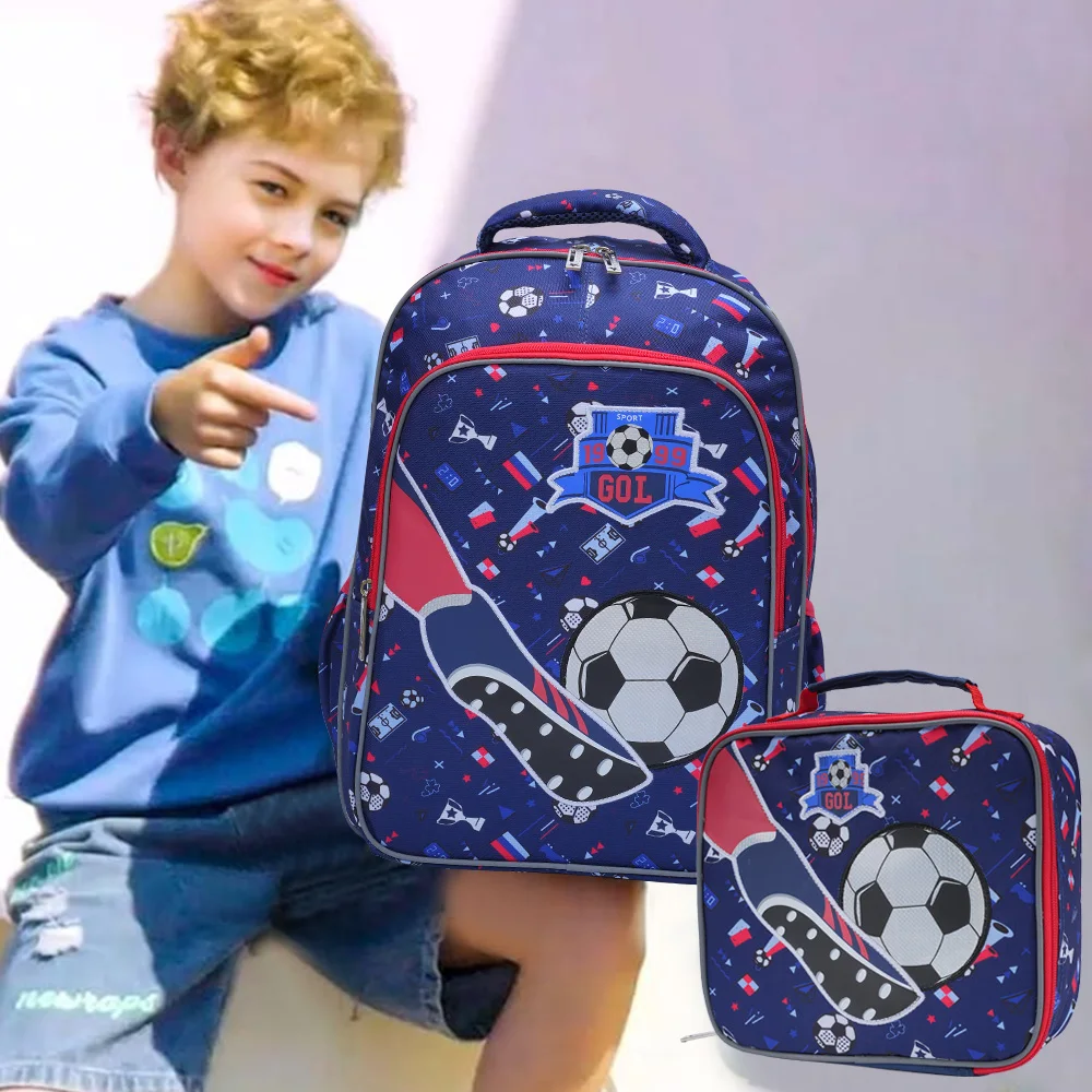 

3PCS Kids travel bag, Luggage Bag, Bookbag, With Lunch Box And Pen Bag, Blue Cartoon Soccer patter Design, Nighttime reflective