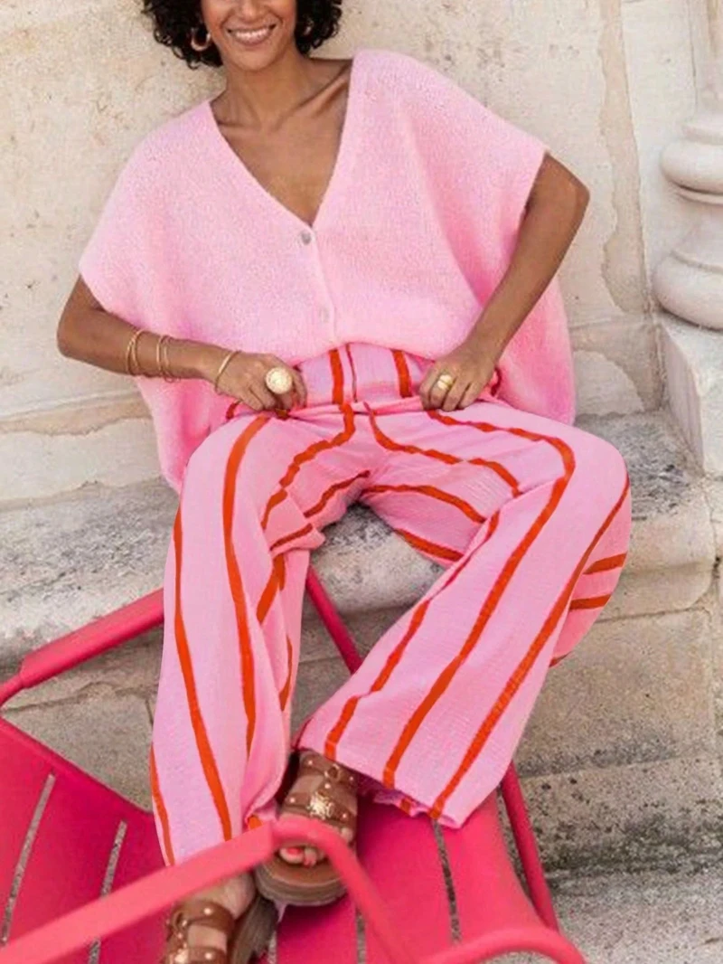 스타일리쉬 레이디 스트라이프 프린트 팬츠 2025 여름 여성 밴딩 허리 캐주얼 루즈 스트릿 핑크 와이드 레그 팬츠