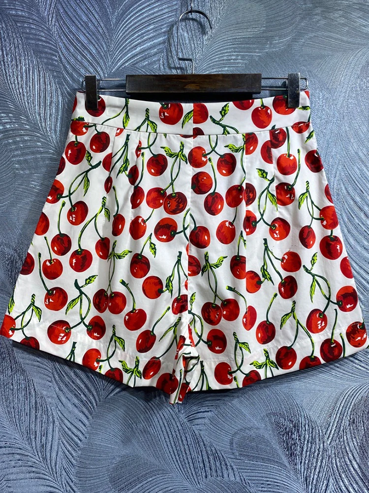 DLDENGHAN Autumn 100% Cotton Shorts Women High Waist Cherry Print Pockets Casual Shorts Fashion Runway New