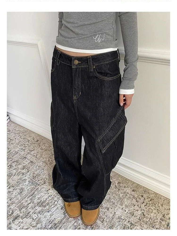 Women's Loose Wide Leg Large Pockets Jeans Cool Girl High Waisted Streetwear Fashion Pants Female Casual Denim Trouser