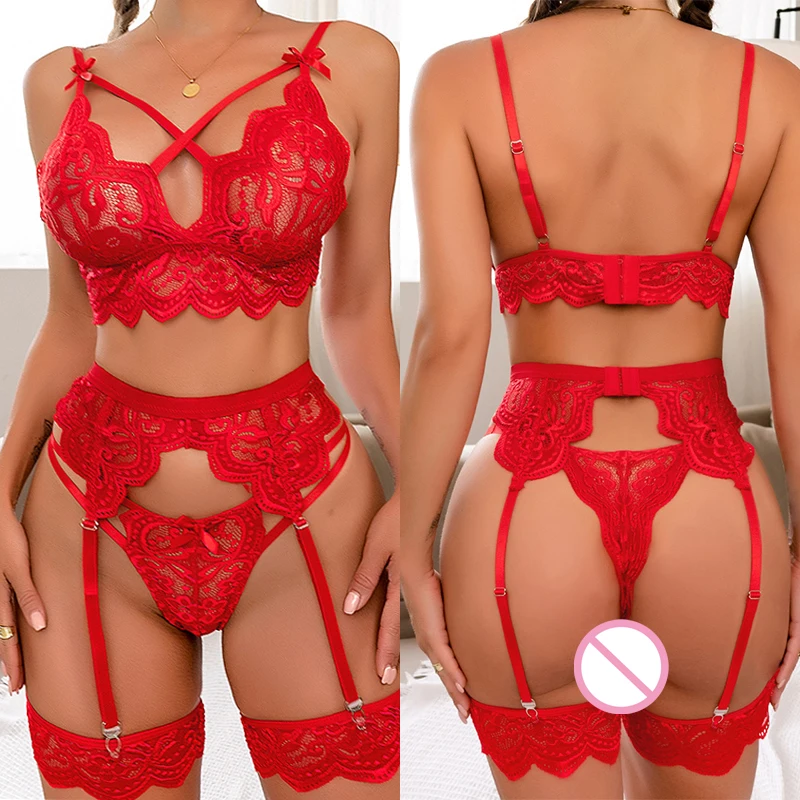 Sexy Erotic Lingerie Women Bra and Panty Garters 3pcs See Through Lingerie Sets Sexy Women's Underwear Set Porn Sexy Costumes