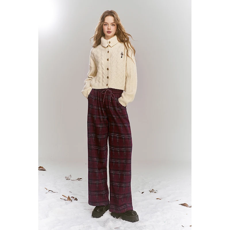 ELFSACK Y2K Casual Loose Plaid Tie Floor Length Pants For Women
