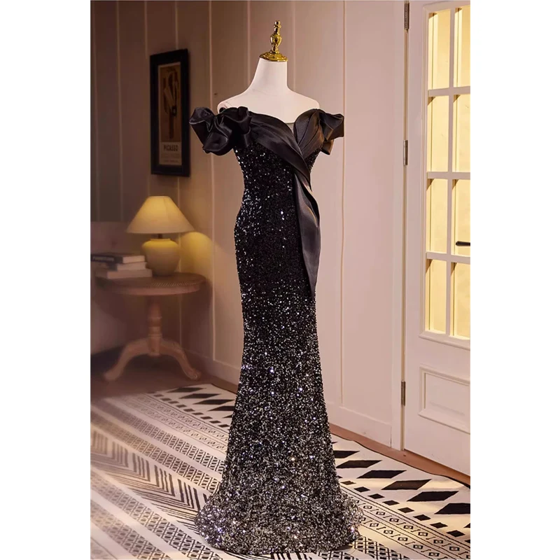 Bespok Occasion Dress Black Sequins Off the Shoulder Pleat Sleeve Lace up Mermaid Floor-length Plus size Women Party Formal Gown