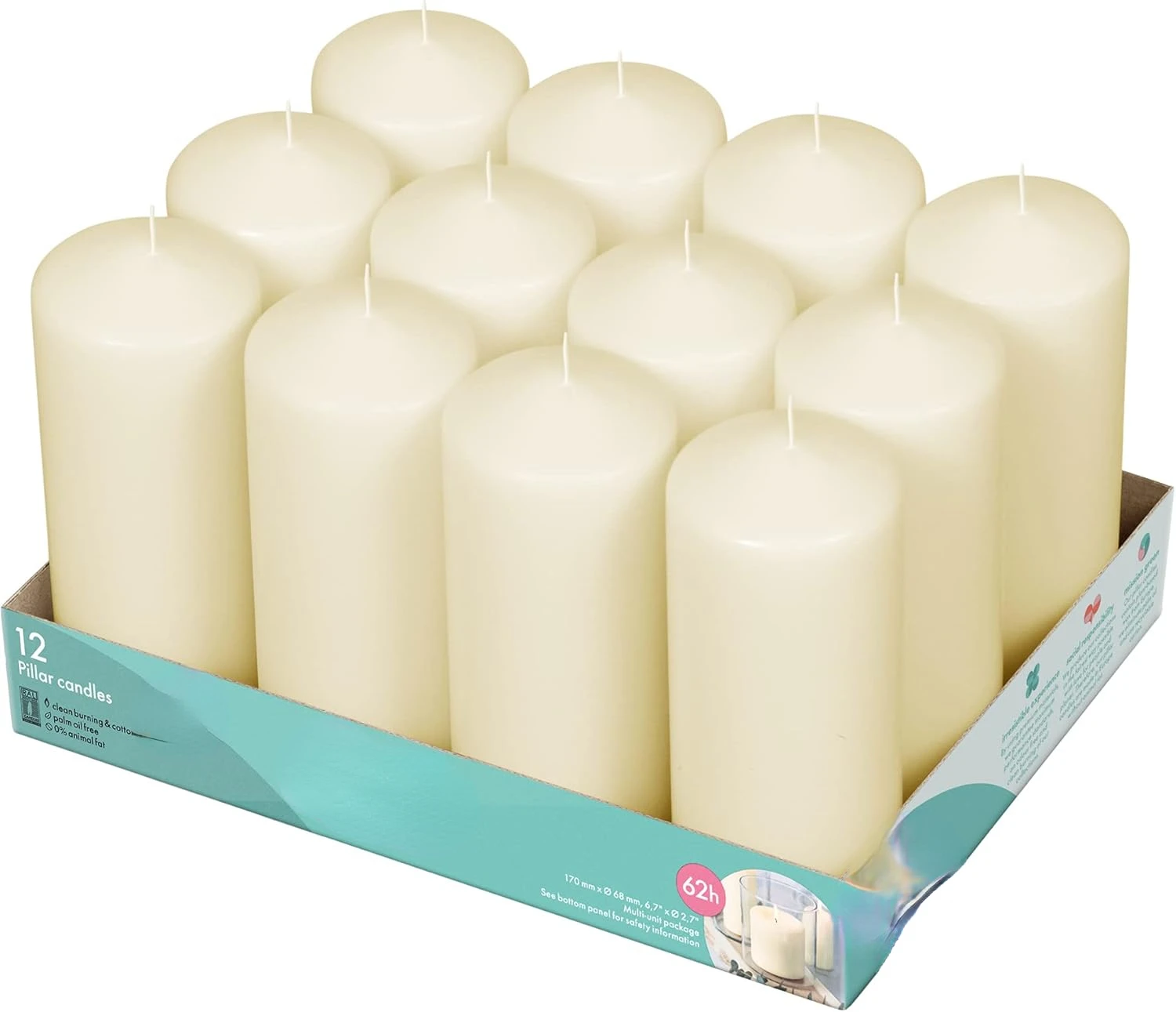 12 Ivory Pillar Candles - 2.7 x 6.7 inch Unscented Candle Set - Dripless Clean Burning Smokeless Dinner Candle