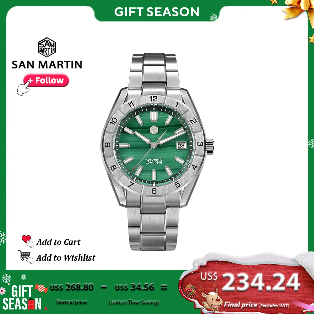 San Martin 42 mm luxe herenhorloge groene malachiet wijzerplaat roestvrij staal mechanisch polshorloge saffier waterdicht 10 bar SN0130G-B