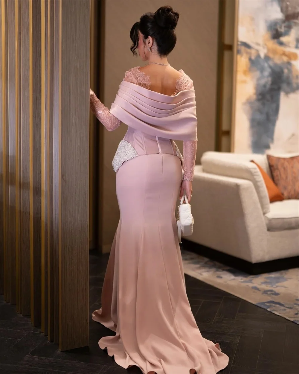 فساتين سهرة بأكمام طويلة ولؤلؤ وردي مناسبة مخصصة للحفلات الراقصة الرعوية للجنسين جيرسي ريترو دبي السعودية العربية حسب الطلب