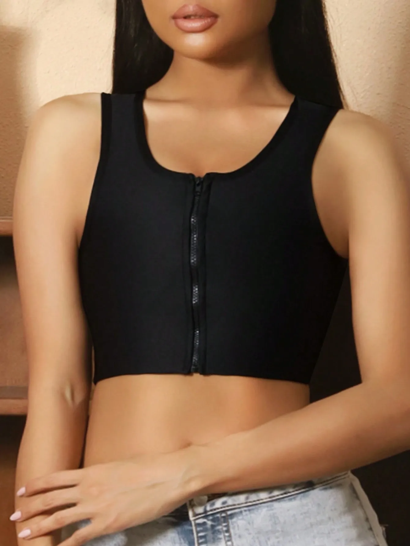 Front zipper chest cinching bra revealing chest small super flat sports vest chest shrinking super flat text bra thin design