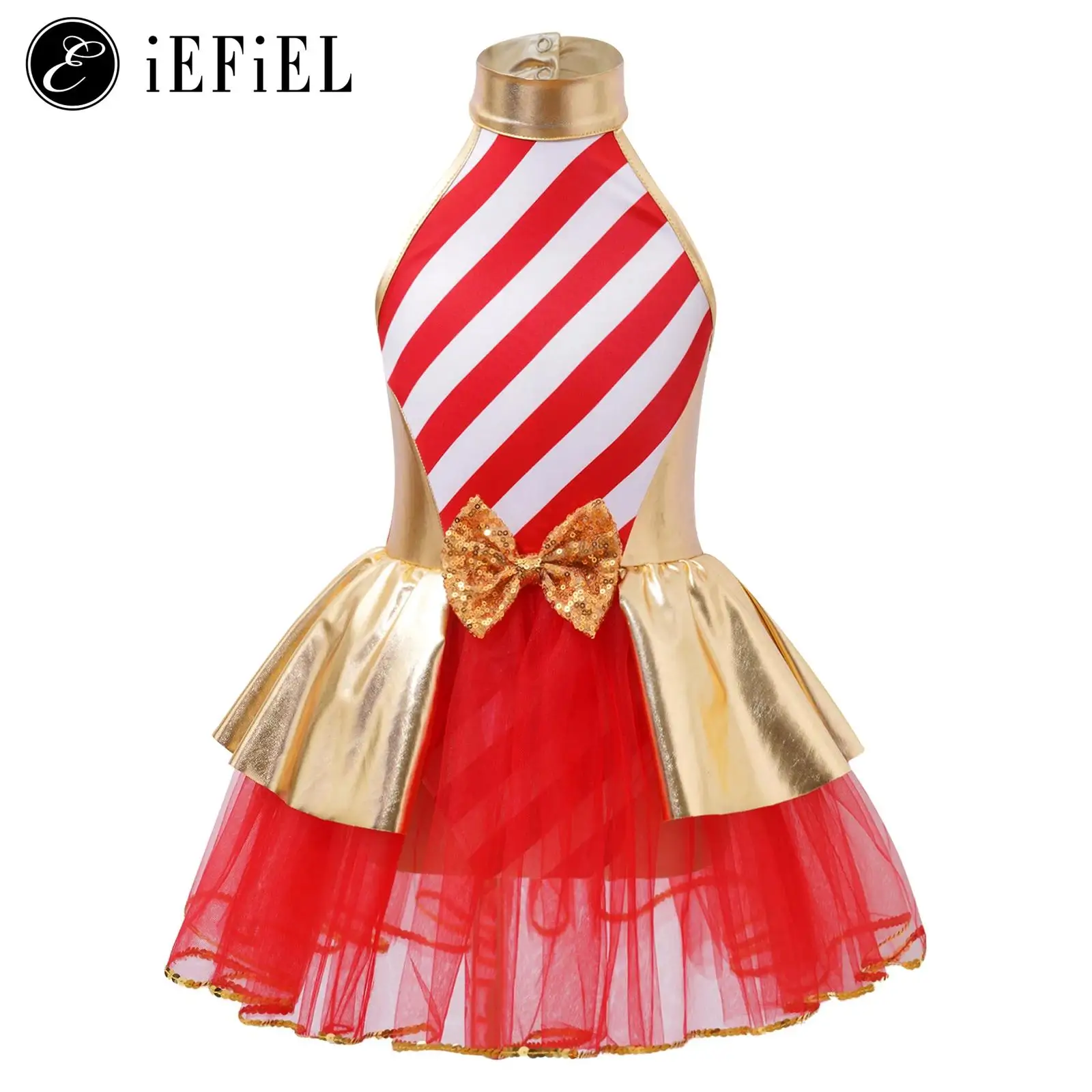 

Kids Girls Christmas Dance Figure Ice Skating Tutu Dress Leotard Xmas Party Holiday Festival New Year Candy Cane Costume