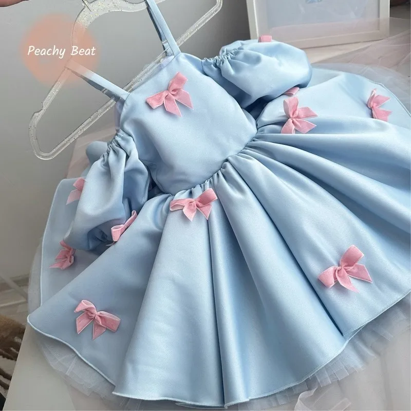 

Baby Girl Princess Bow Strap Tutu Dress Infant Toddler Child Vestido Puff Sleeve Birthday Party Ball Gown Baby Clothes 1-14Y