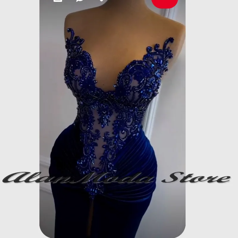 Elegant Blue Front Split Prom Dresses For Women 2024 Rhinestone Velvet Mermaid Party Gowns Crystal Vestidos De Gala Customized