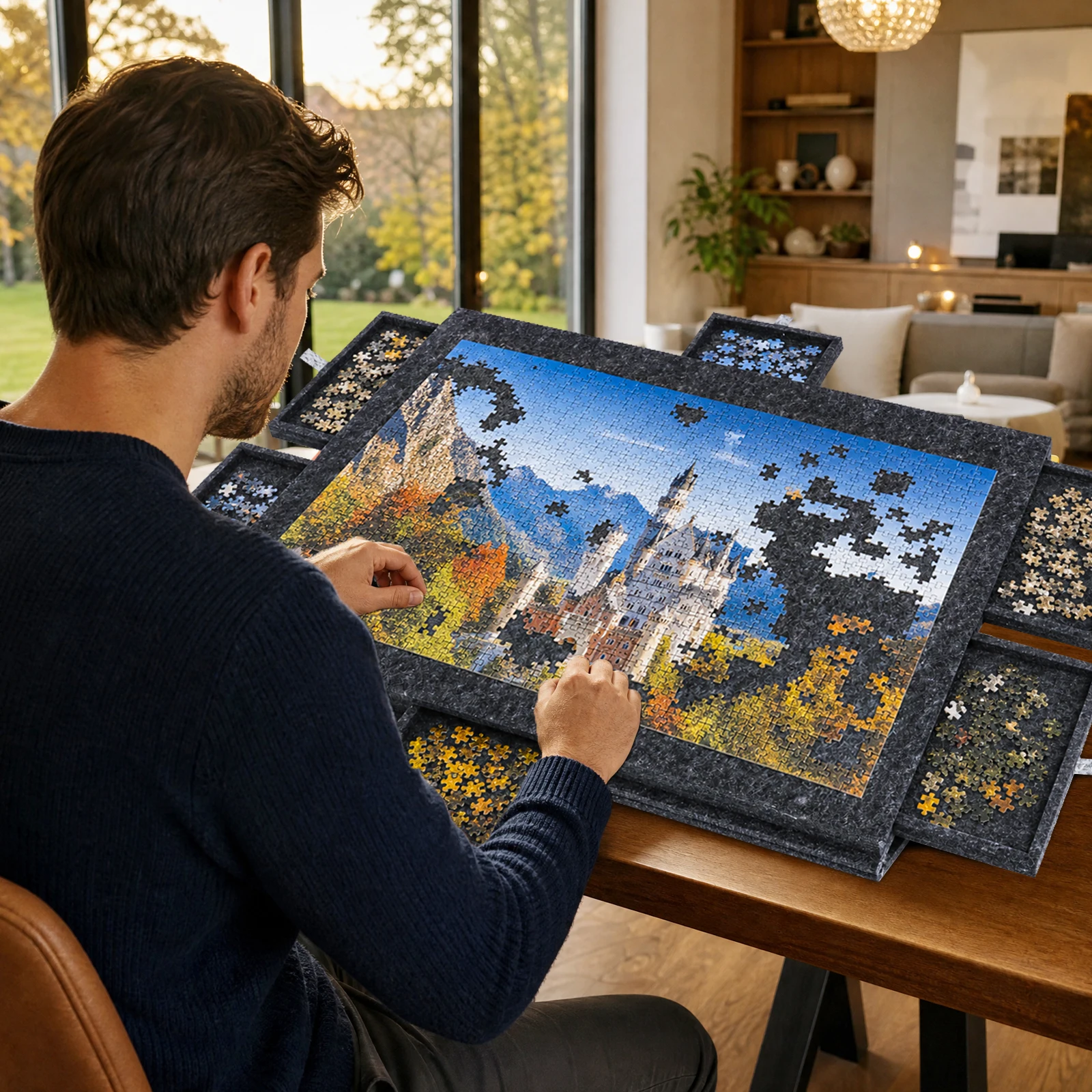 Puzzle Board 1 Set with 6 Drawers 2-in-1 Lid Stand Portable Felt Surface for 1500 Pcs Puzzles Portable Organizer Game Gifts