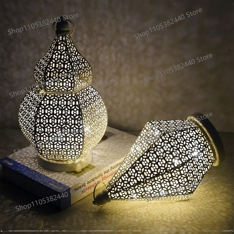 For Moroccan Style Metal Gourd Lantern, New Retro Hanging Lamp for Home Decor, Wrought Iron Candle Holder Ornament