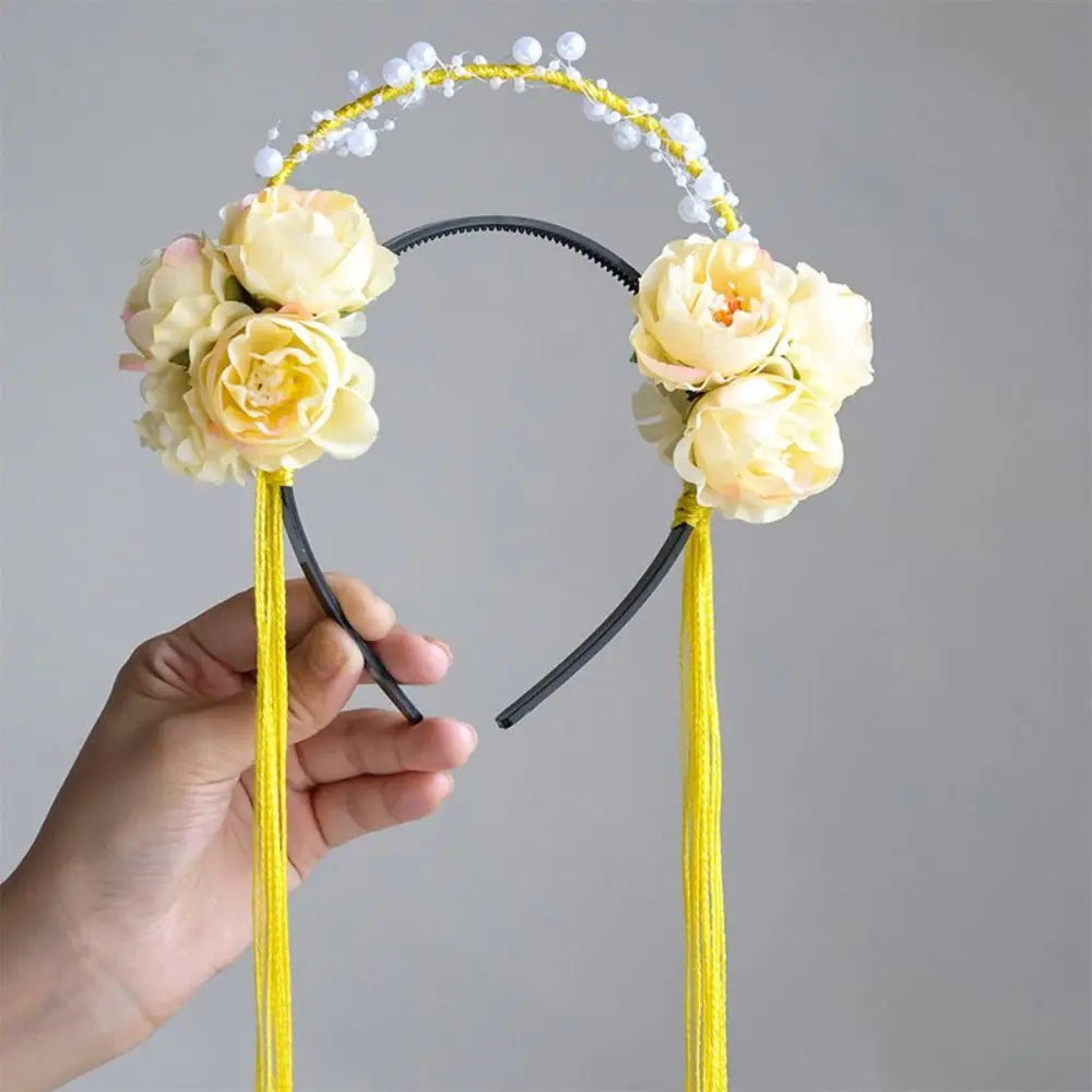 

Повязка на голову с милыми перьями и цветами, обруч для волос с кисточками и жемчугом, ткань эльфа, аксессуары для волос Hanfu для девочек