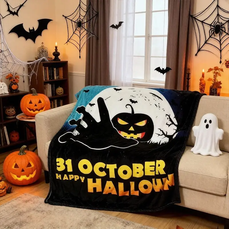 VIKAMA Halloween Ghost Flannel Throw Blanket Cute Line Ghost Print Soft Warm Holiday Sofa Bedroom Decor Blanket