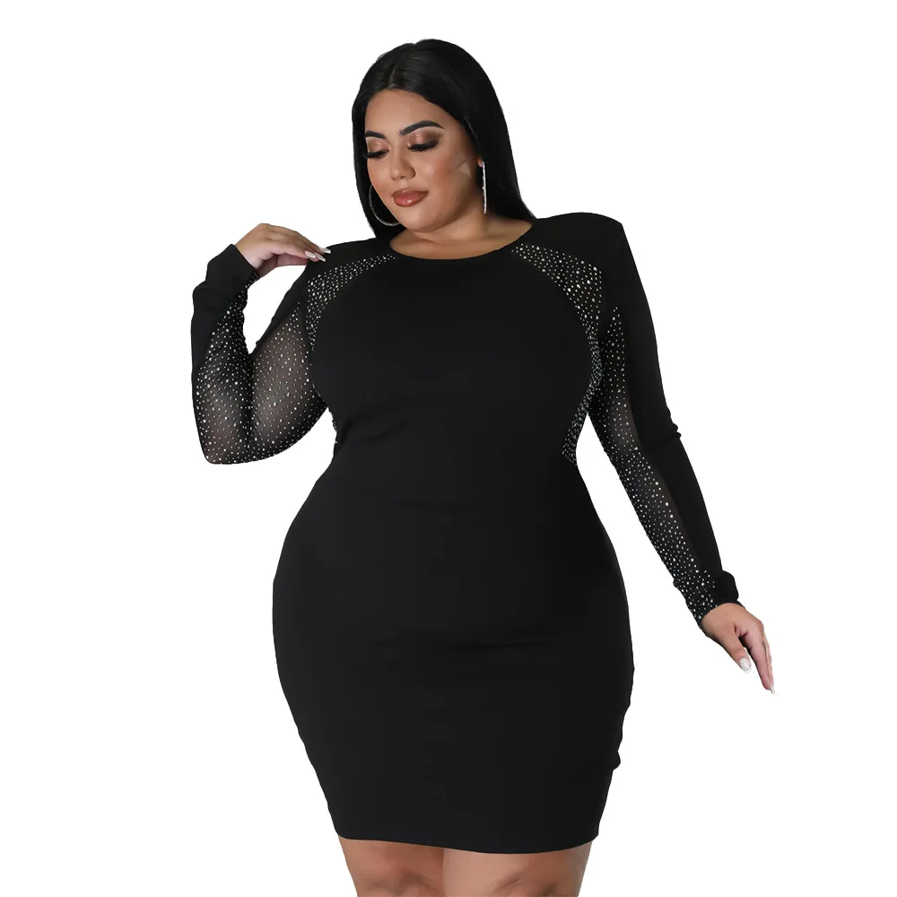 SOMO 2022 Plus Size Women Clothing Crew Neck Fashion Patchwork Hot Drill Sexy Mini Dress Party Club Wear Wholesale Dropshipping