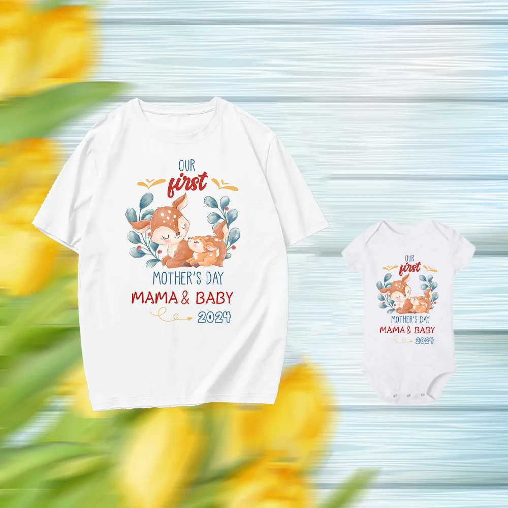 Personalize Our First Mother's Day Family Set Fox Print Short Sleeve Family Matching Outfit T-shirt+Romper Best Mothers Day Gift