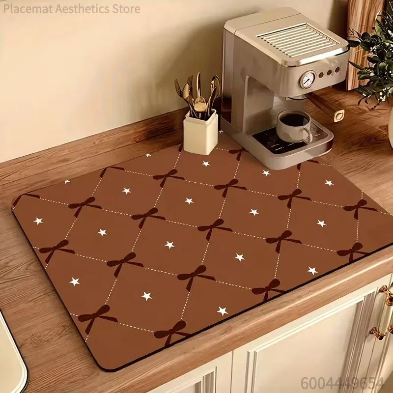 Cute Cat Bow Tulip Wood Grain Print Super Absorbent Drying Mat Waterproof Kitchen Counter Coffee Maker Drain Pad Decor Placemat