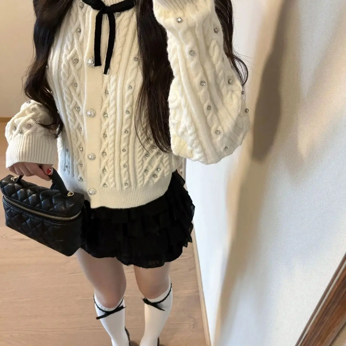Crystal Embellished Knit Sweater Women Bow Tie Cable Knit White Cardigan Y2K Sparkling Sweet Style Pullover Elegant Luminous Top