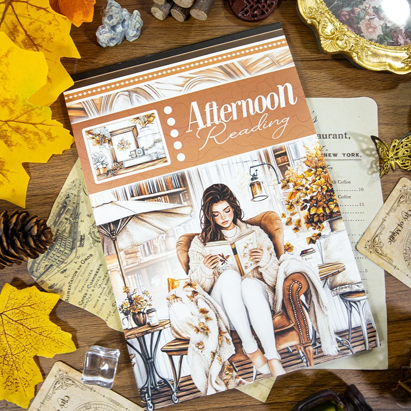A5 Vintage Afternoon Reading Character Flower Landscape Sticker Book Creative DIY Journal Material Collage Stationery