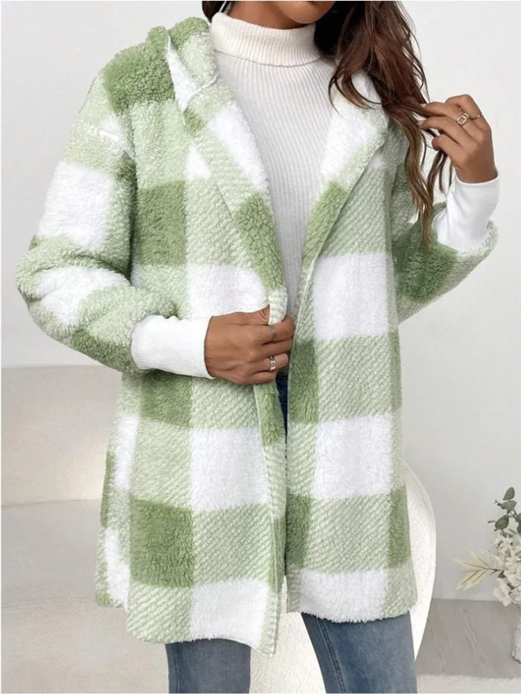 Winter Women Fashion Coat Plaid Warm Lapel Plush Elegant Faux Fur Outwear Loose Trend Women Long Sleeve Pockets Long-Cut Coats