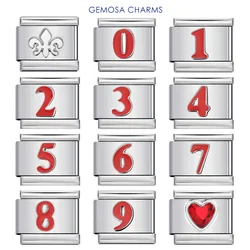 GEMOSA Fashion Simple Red Heart Number 0/1/2/3/4/5/6/7/8/9 Italian Charm Link Fit 9mm Stainless Steel Bracelet DIY Making Beads
