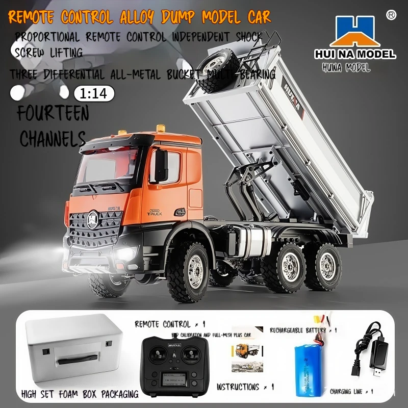 

6WD 2.4G Huina 1598 Полномасштабное освещение 1:14 Четырнадцать каналов 6x6 Сплав Радиоуправляемый автомобиль Сброс Инженерные транспортные игрушки