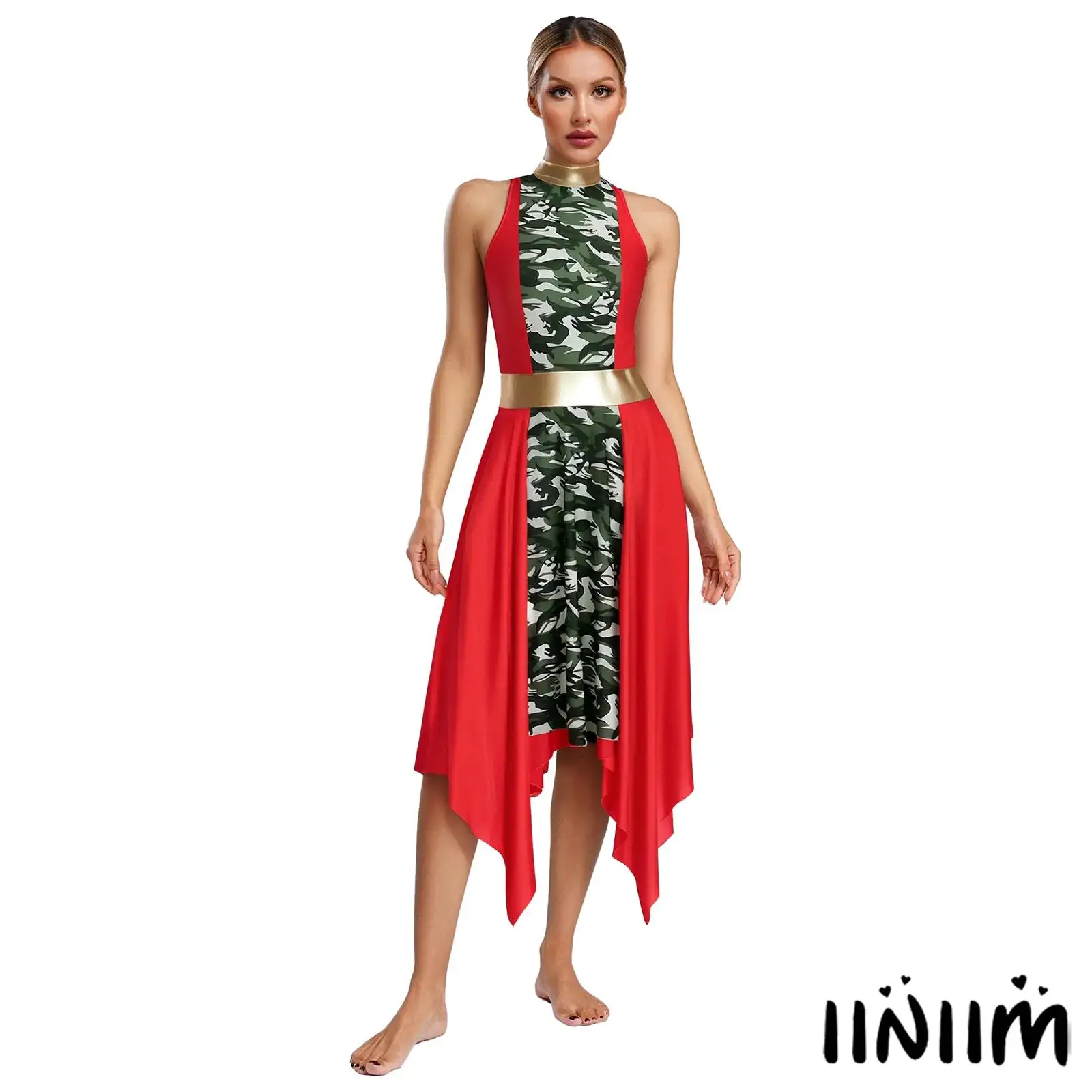

Women's Worship Dance Dress Dancewear Trendy Back Hollow-Out Metallic Round Neck Print Patchwork Design for Praise Lyrical Dance