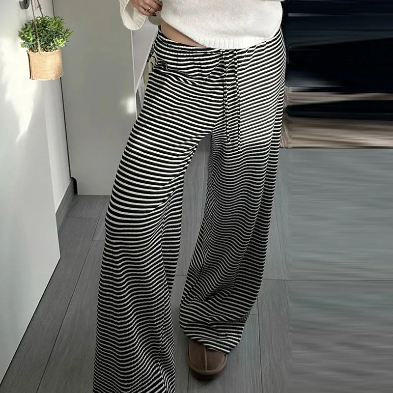 Y2K Striped Pants Women American Casual High Waisted Lace Up Loose Straight Leg Hanging Down Floor Autumn Winter