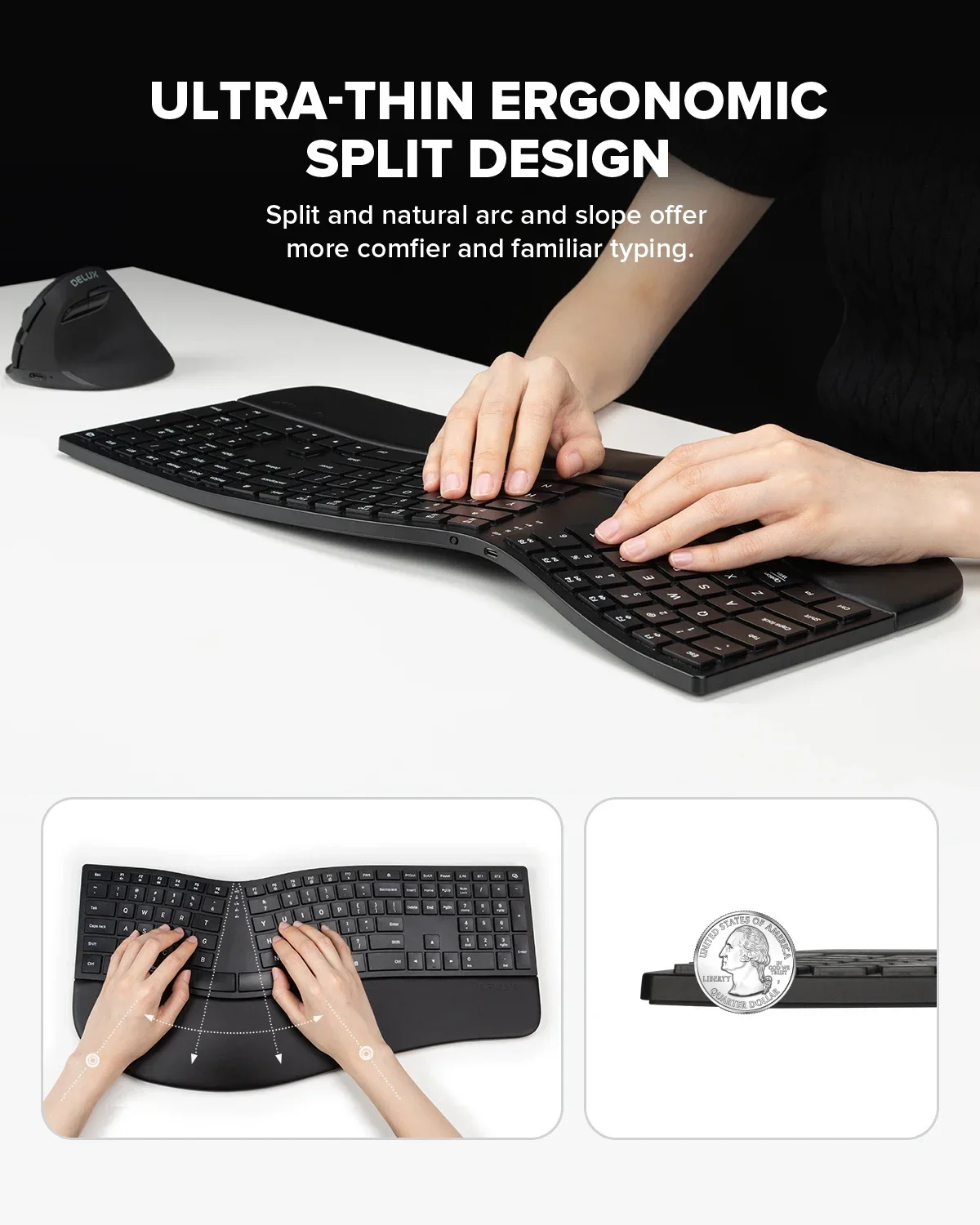 Delux GM909 Ergonomic Keyboard Wireless 2.4G/Bluetooth Rechargeable Full Size with Scissor Switch,Palm Rest for Windows and Mac