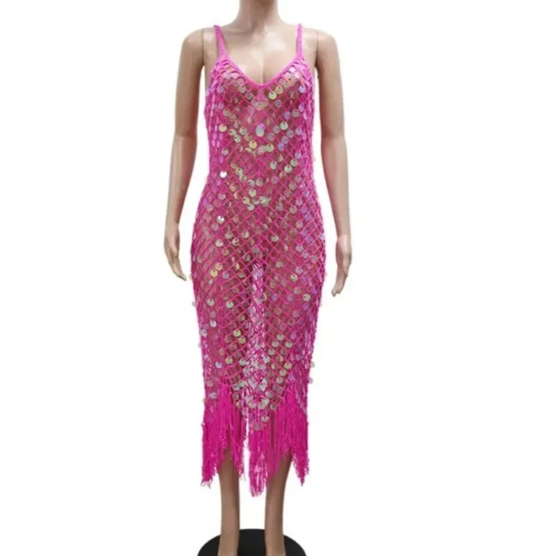 Sexy lantejoulas bodycon vestido para mulheres cinta de espaguete ver através de borla retalhos vestidos femininos festa clubwear novo